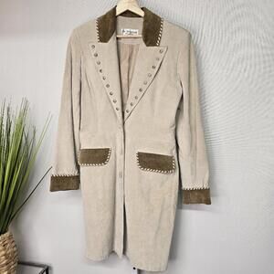 Vintage Lew‎ Magram Beige Suede Long Coat with Brown Accents Size 6